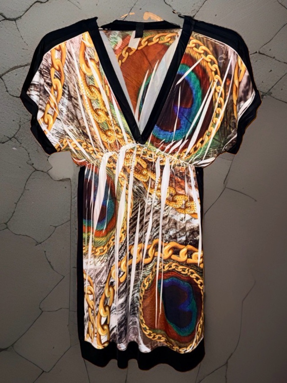 DNA couture Black Multicolor Chain & Peacock Motif V-Neck Tunic-S-EC